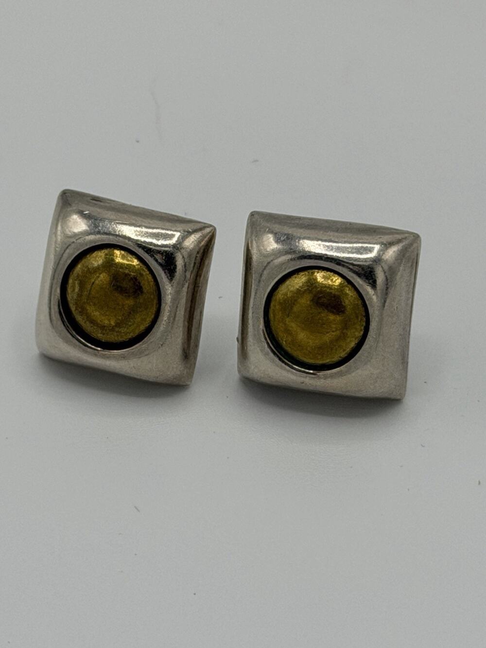 Vintage 925 Sterling Silver Square Dome with Gold Ball Center Post Earrings